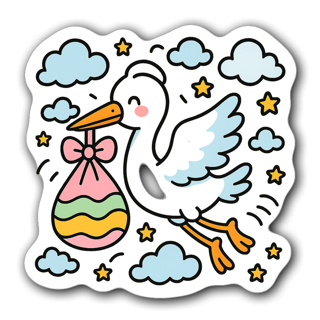 Stork carrying a pastel bundle with clouds and stars