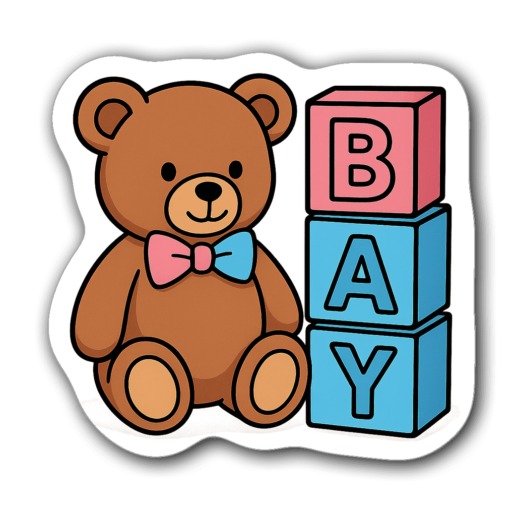 Adorable teddy bear with a pink and blue bowtie next to baby blocks