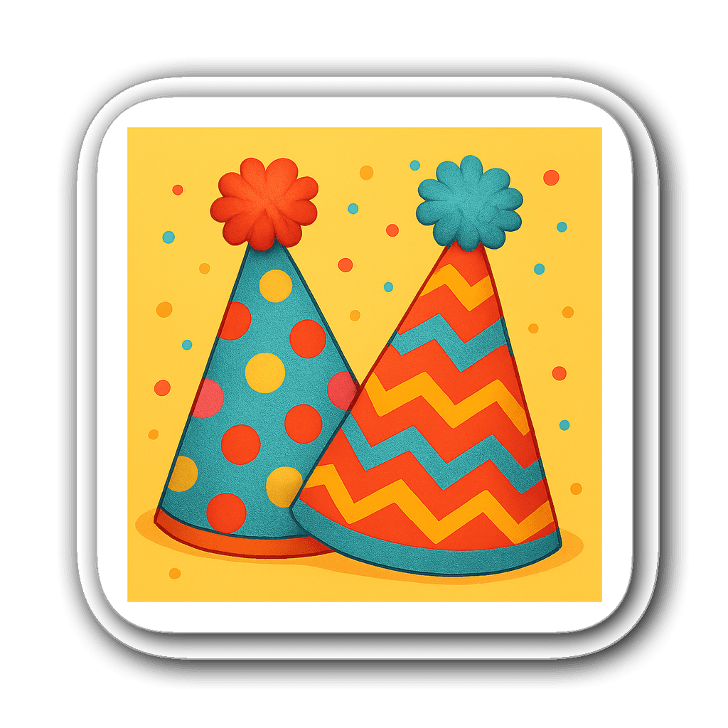 Two colorful birthday party hats with playful patterns and pom-poms