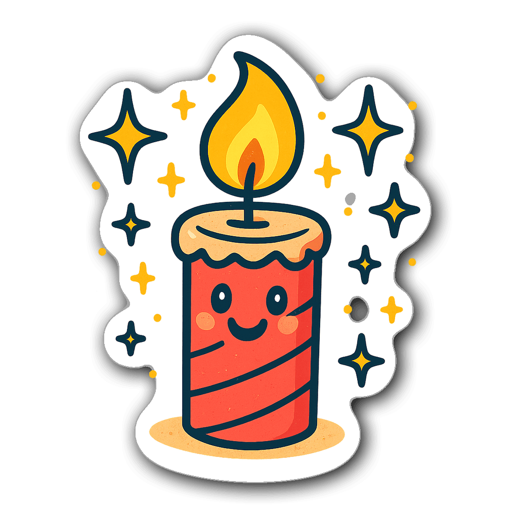 Cartoon-style birthday candle with sparkles and stars