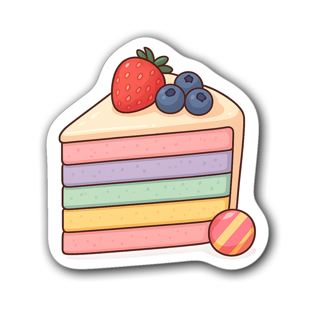 Cheerful slice of birthday cake with pastel colors and toppings