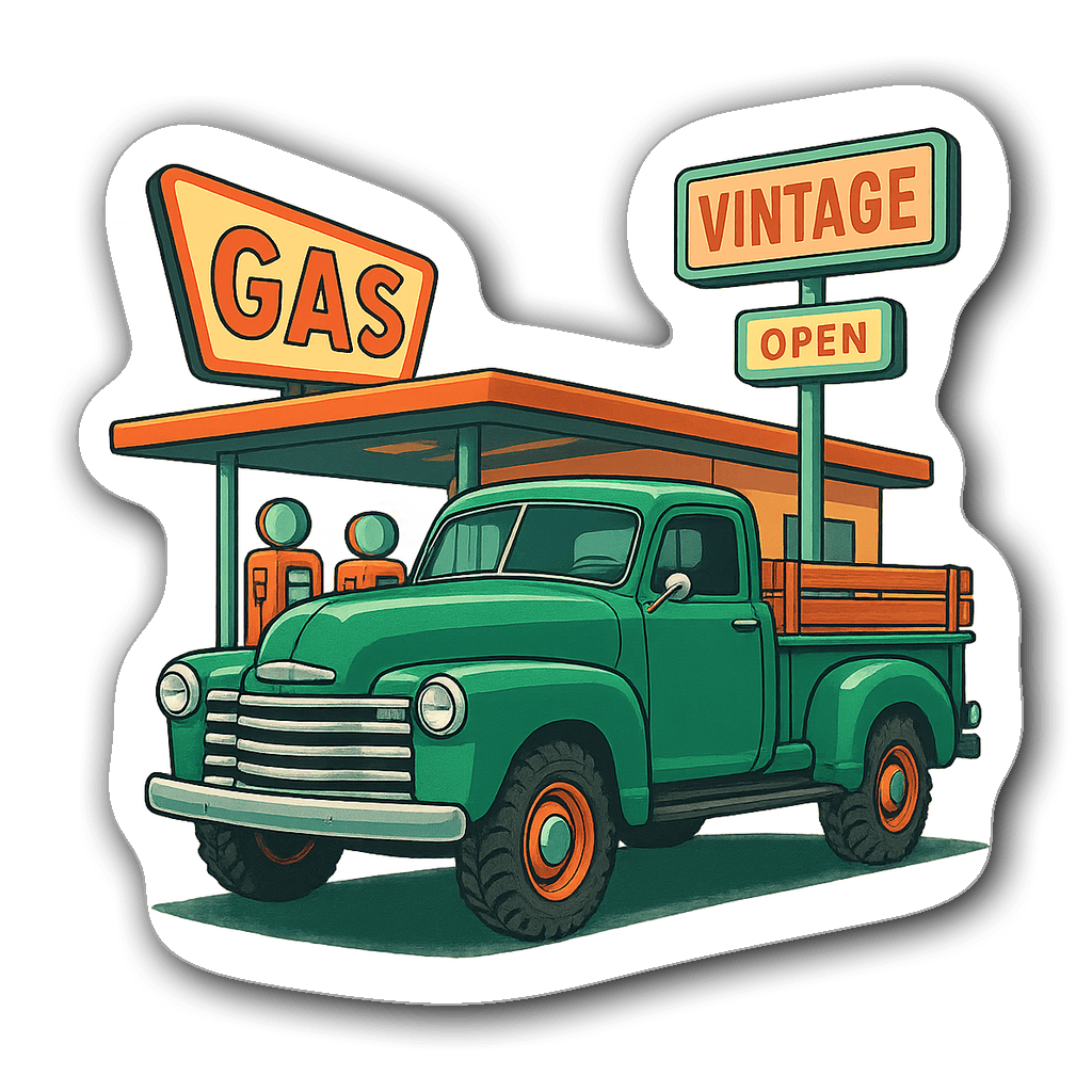 Vibrant green classic pickup truck by a retro gas station