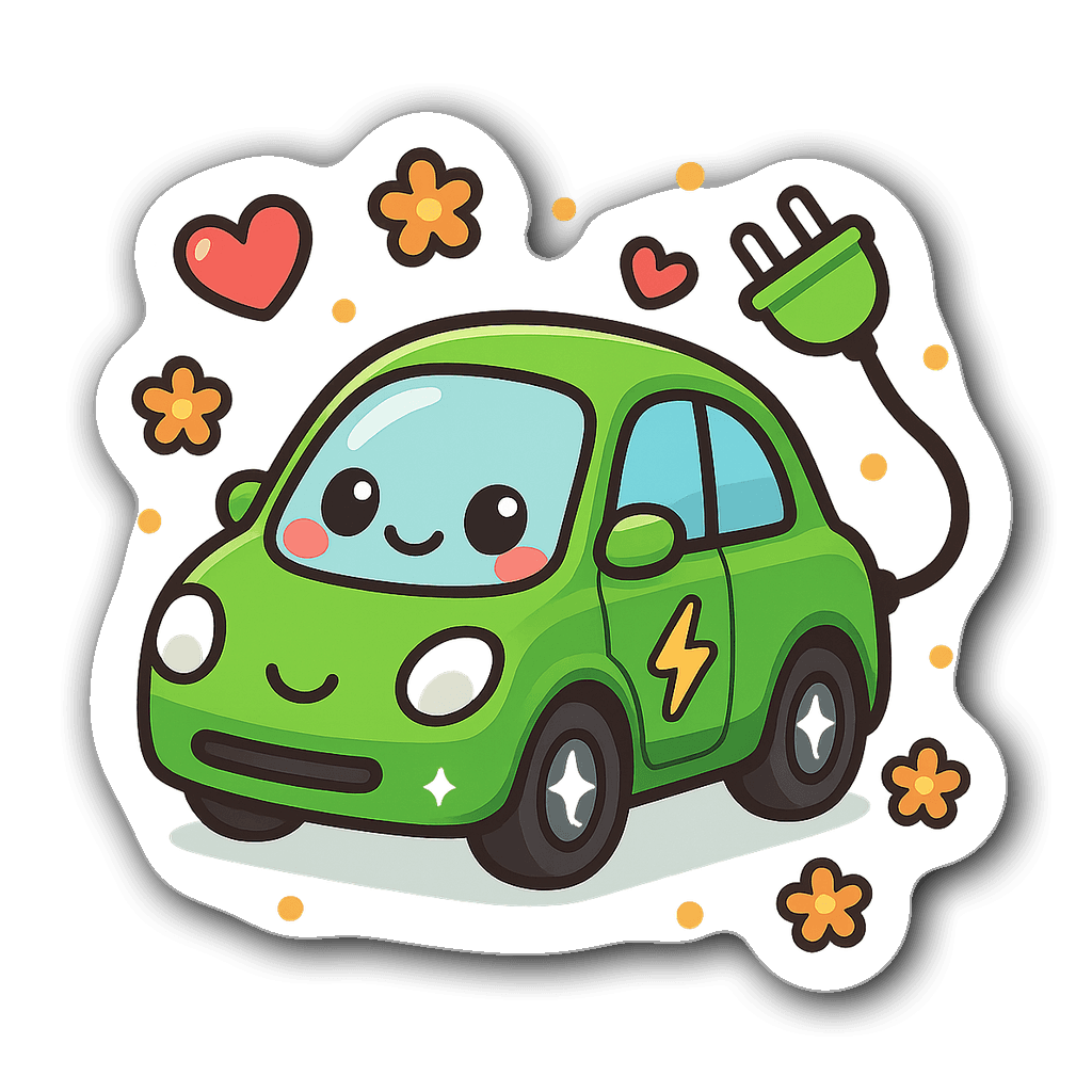 Kawaii chibi electric car with hearts and flowers design