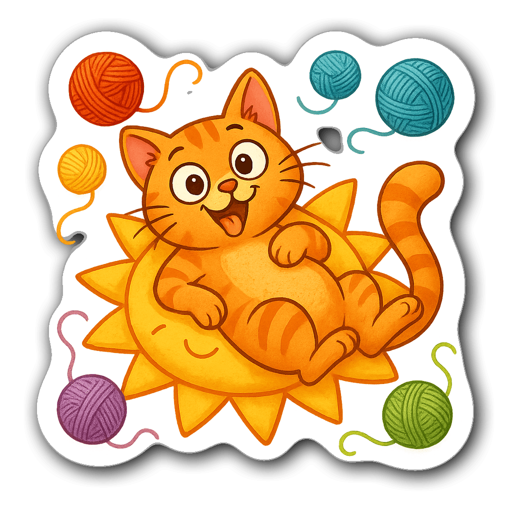 Playful orange tabby cat lounging on a sun-shaped pillow with yarn balls