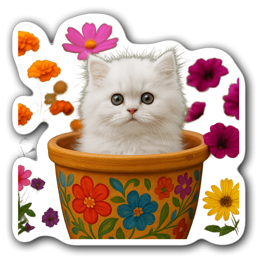 Fluffy white Persian cat in a colorful flower pot