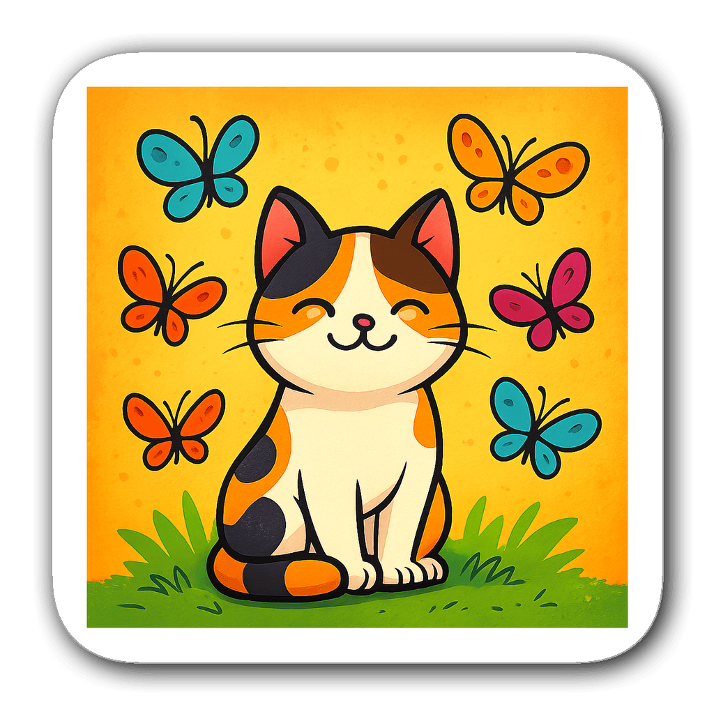 Cartoon-style calico cat surrounded by colorful butterflies on grass.