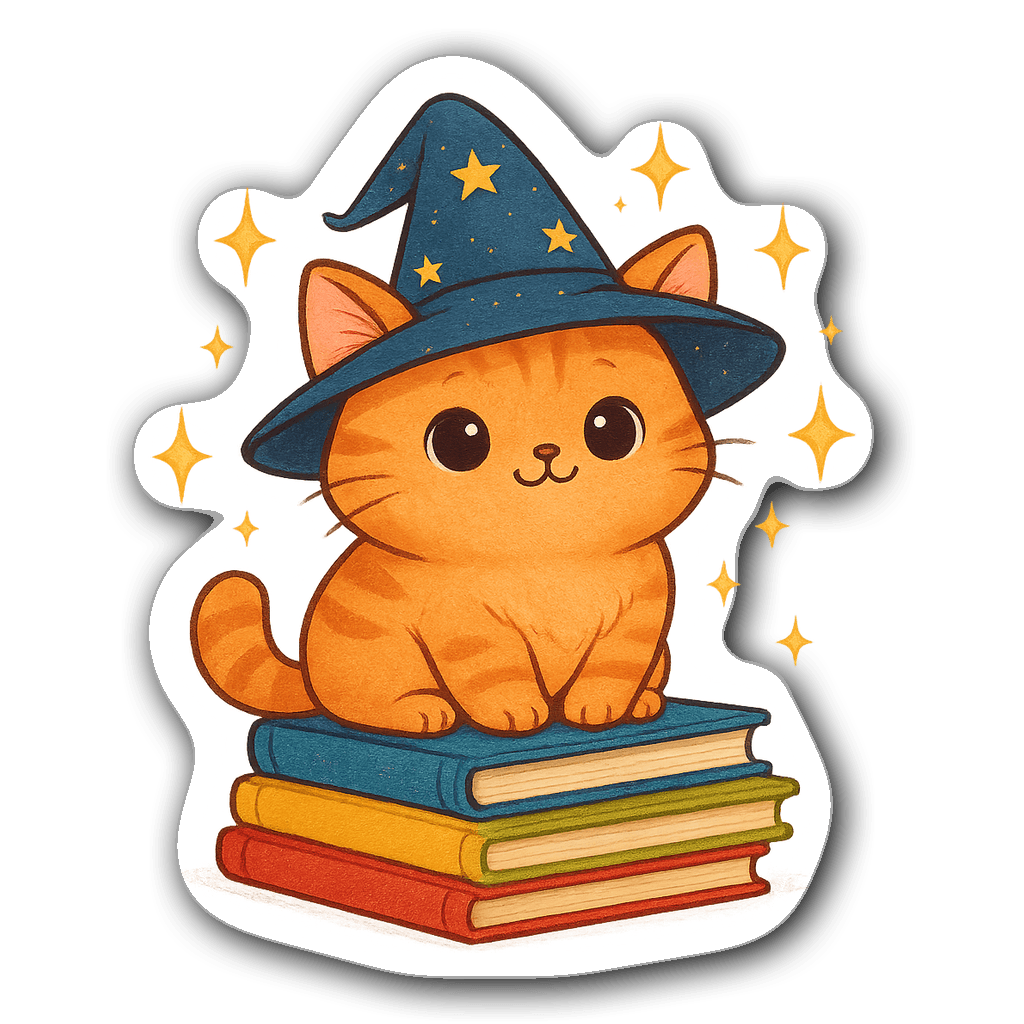 Kawaii chibi orange tabby cat with wizard hat and books