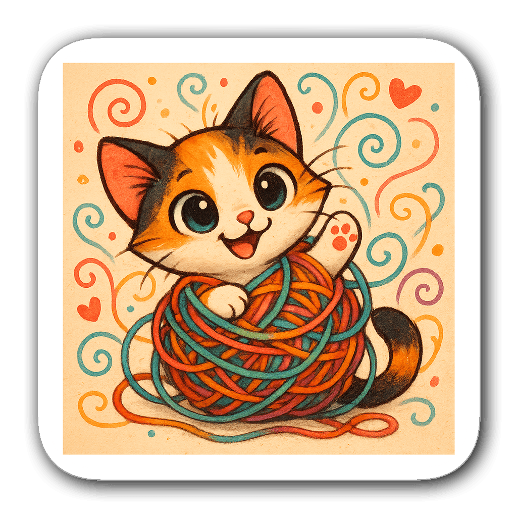 Kawaii chibi calico kitten caught in a ball of yarn