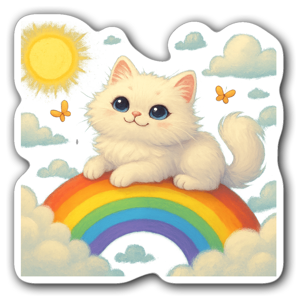 Kawaii chibi Persian cat relaxing on a rainbow with butterflies