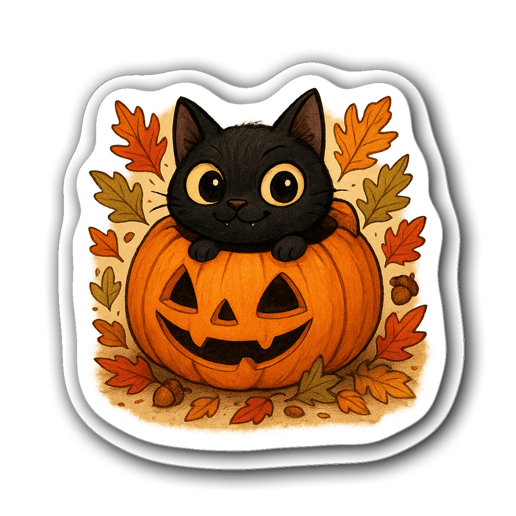 Kawaii black cat peeking out from a pumpkin with autumn leaves