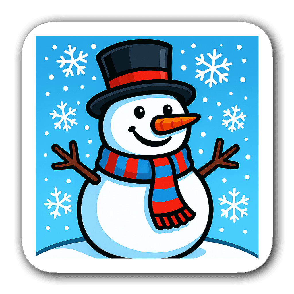 Cheerful snowman with scarf and top hat amidst snowflakes