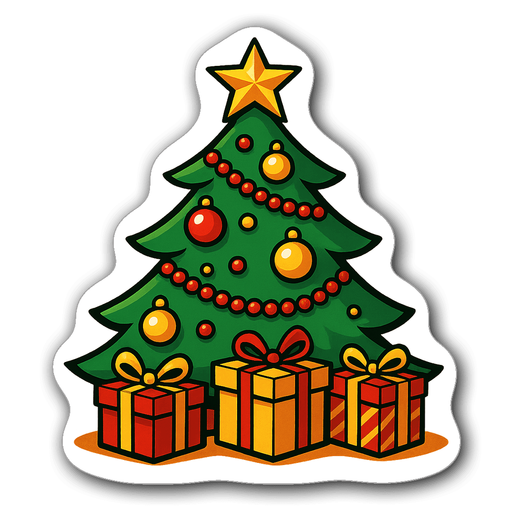 Vibrant sticker of a Christmas tree with ornaments and gifts