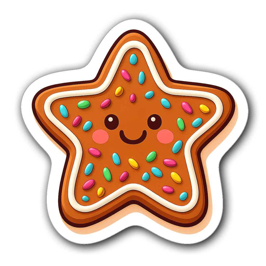 Cartoonish gingerbread cookie shaped like a star with icing