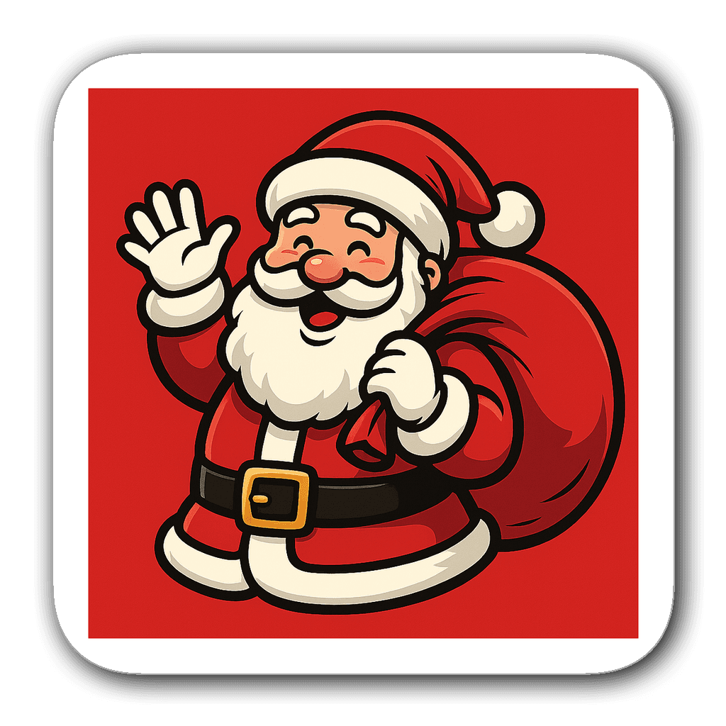 A cheerful Santa Claus waving with a sack of presents