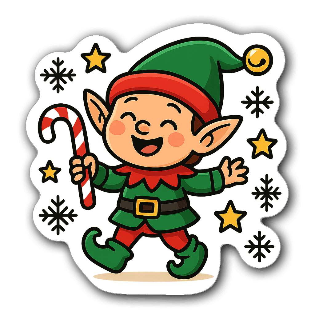 Colorful whimsical elf holding a candy cane with stars and snowflakes