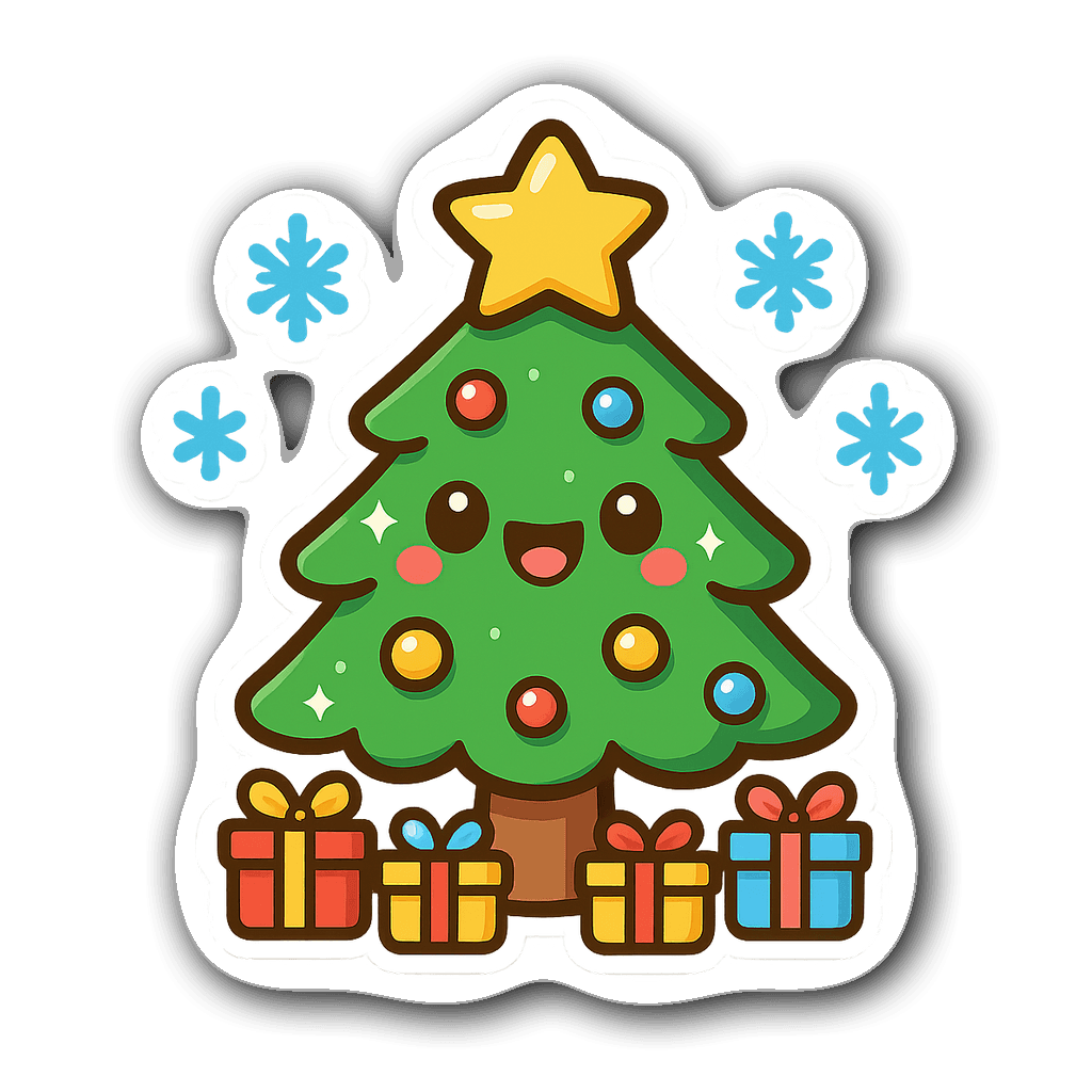 Kawaii chibi Christmas tree with cute face and ornaments