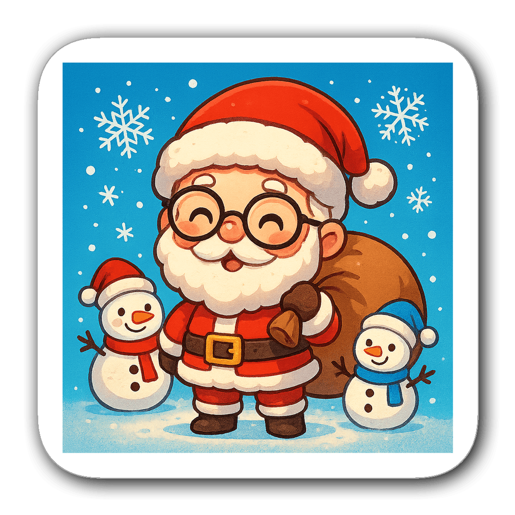 Cute chibi Santa Claus sticker with snowmen and snowflakes