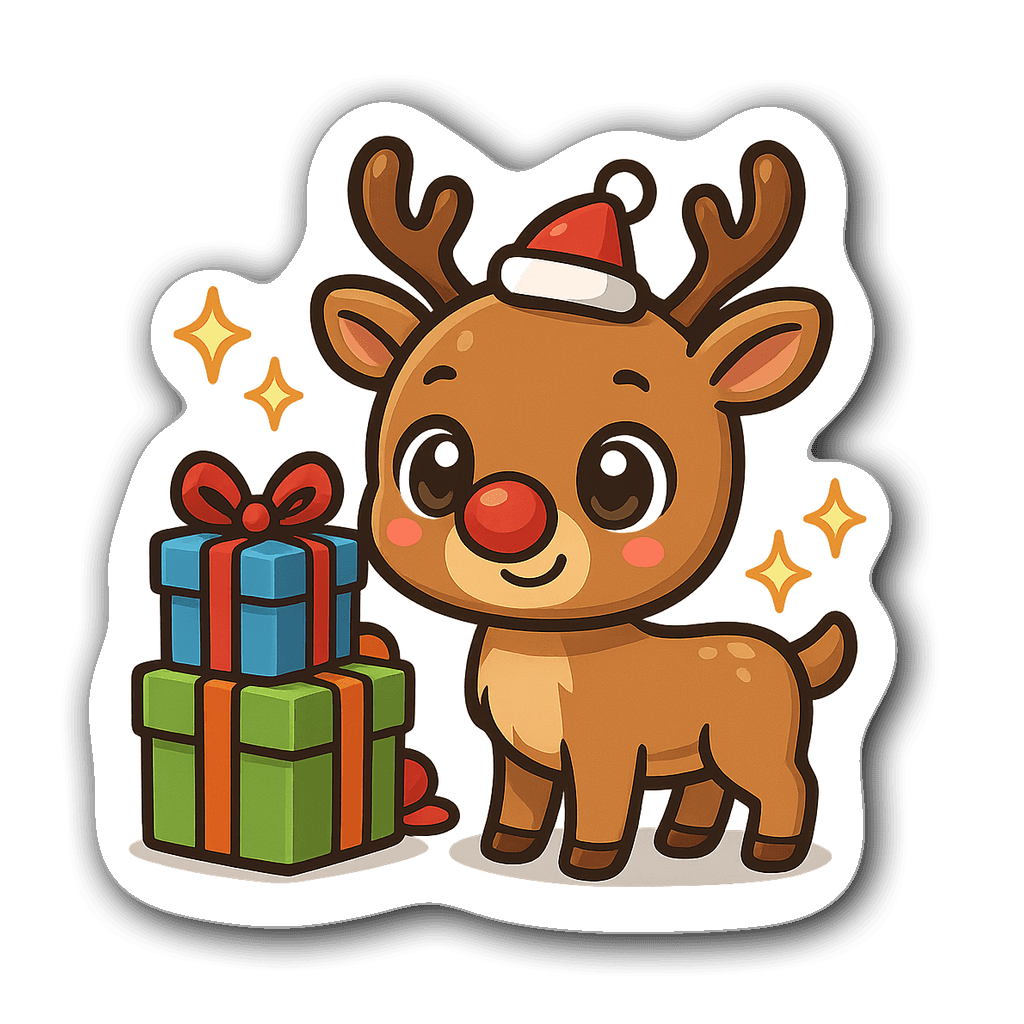 Cute chibi reindeer with gifts and stars in kawaii style