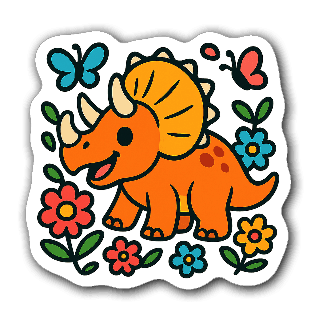 Playful Triceratops surrounded by flowers and butterflies