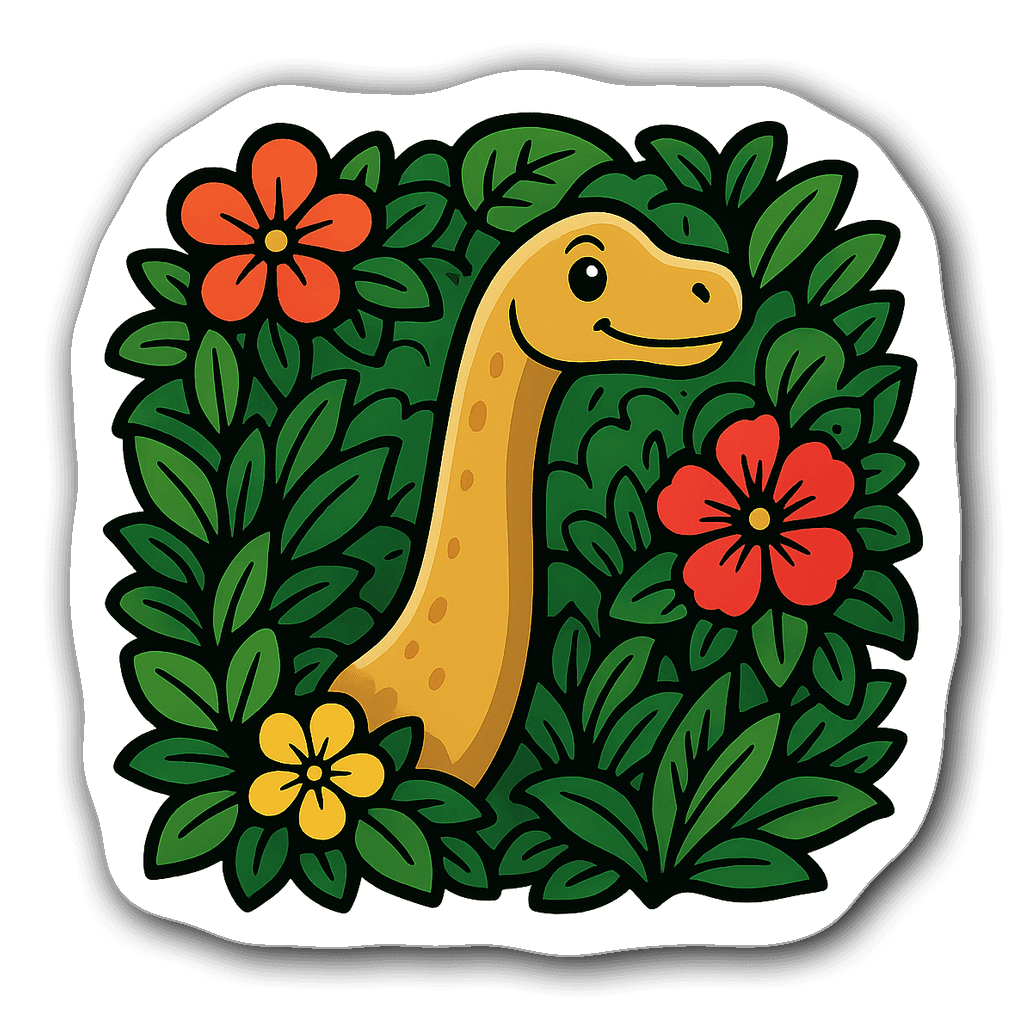 Whimsical Brachiosaurus sticker in a lush rainforest