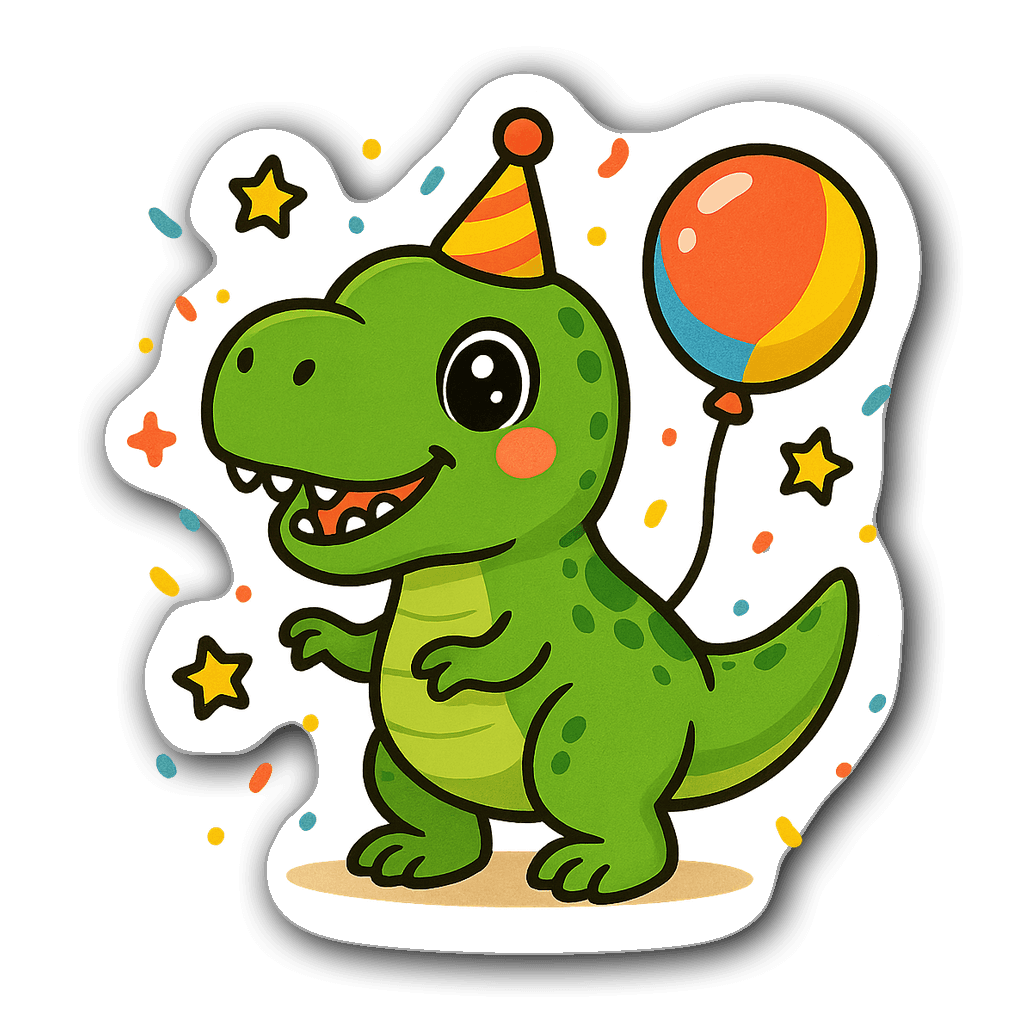 Kawaii Chibi T-Rex sticker with a party hat and balloon