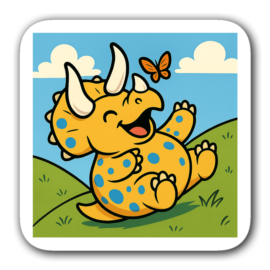 Kawaii chibi style Triceratops sticker rolling down a hill