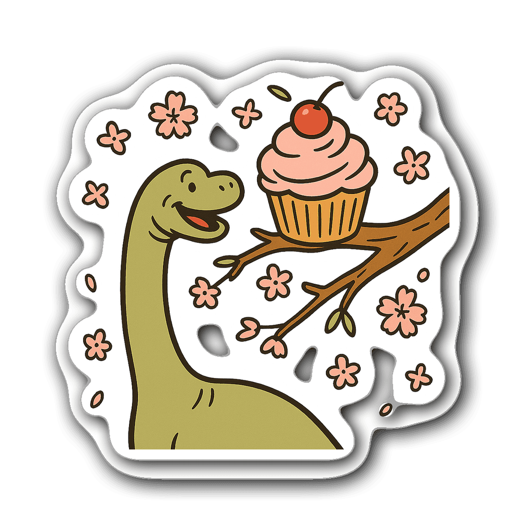 Kawaii Brachiosaurus munching on a cupcake with cherry blossoms