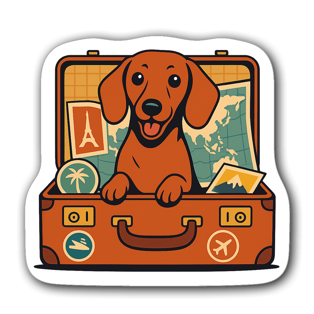 Playful Dachshund popping out of vintage suitcase with travel stickers