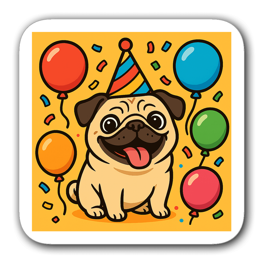 Happy pug with a party hat and colorful balloons