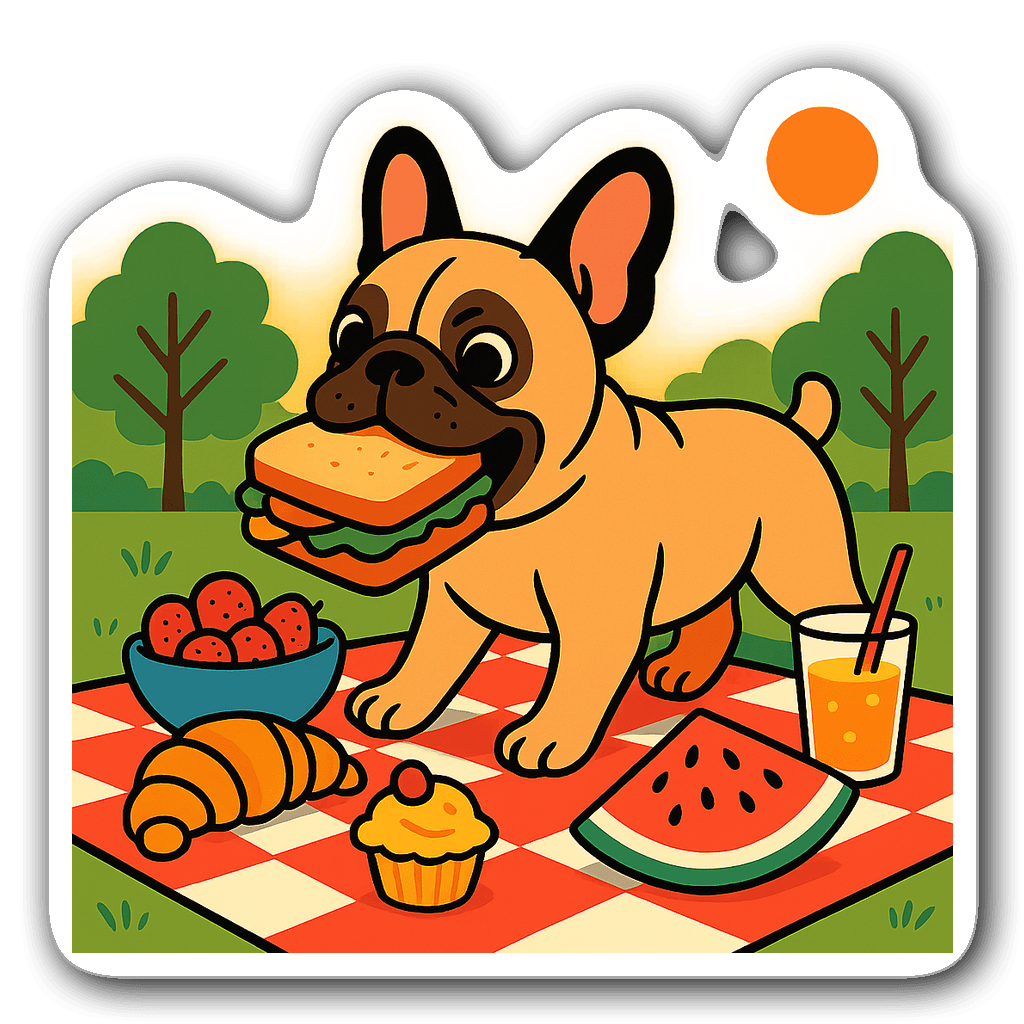 Illustration of a mischievous French Bulldog stealing a sandwich