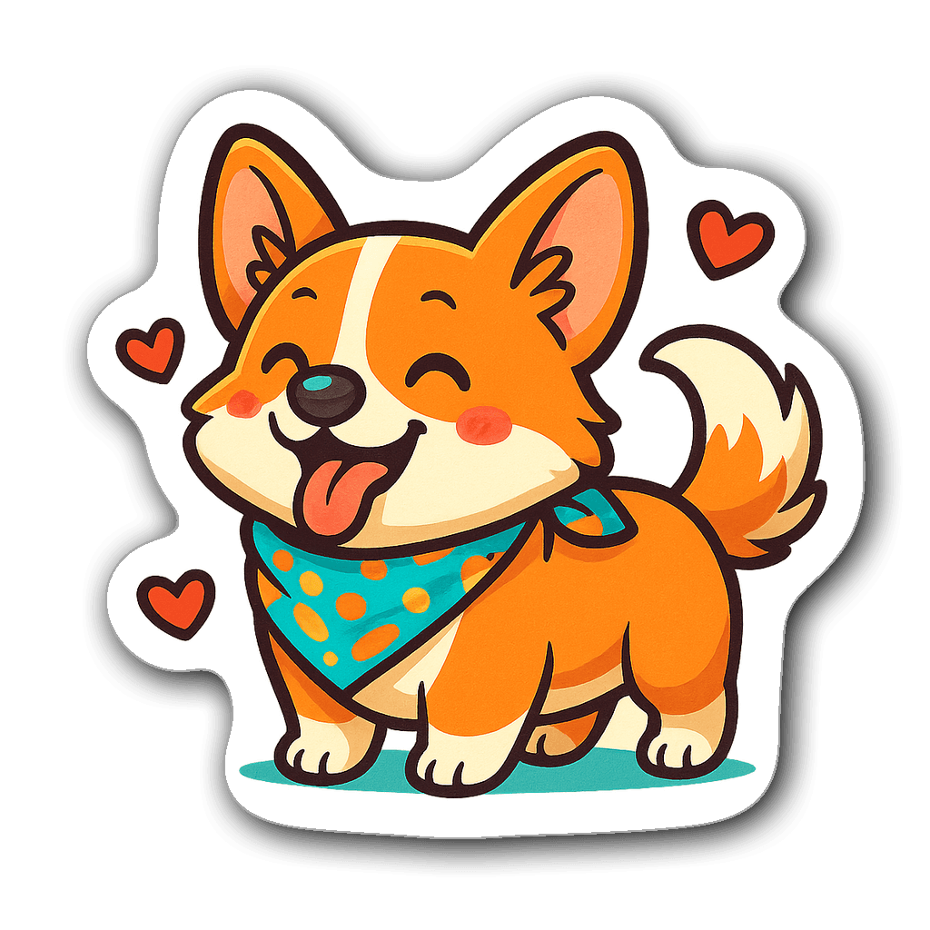 Kawaii chibi corgi sticker with playful expression and hearts