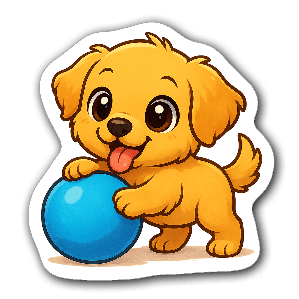 Cute chibi golden retriever puppy with a blue ball sticker