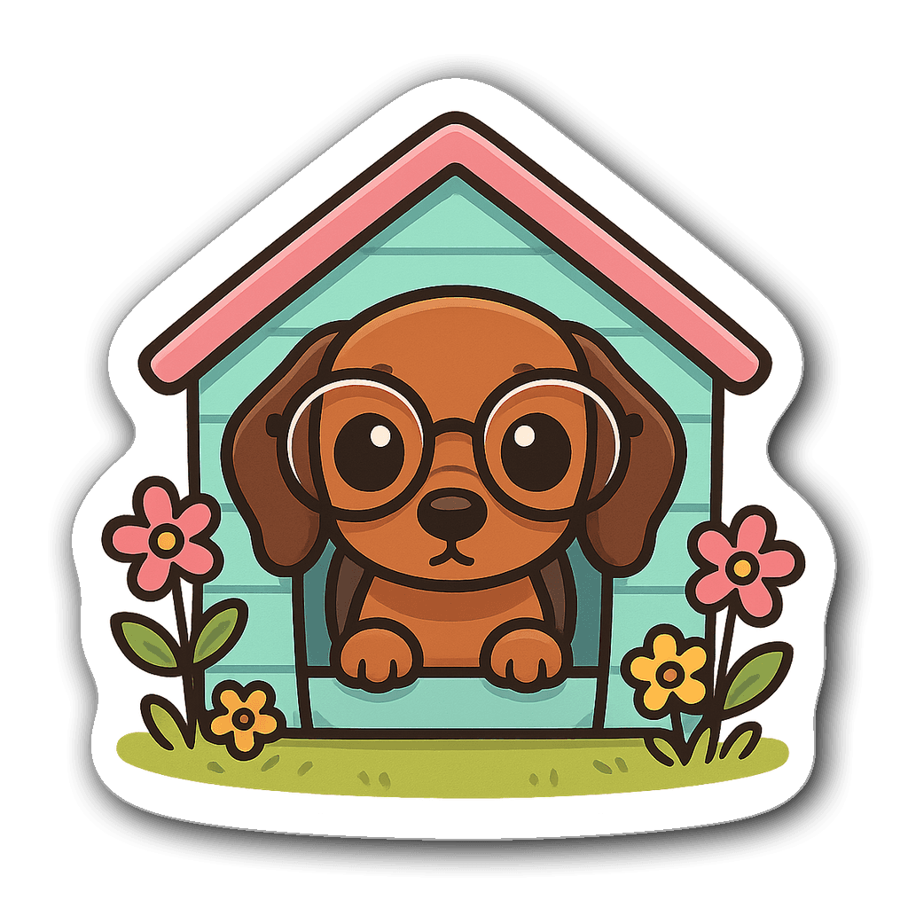 Kawaii chibi style dachshund with big eyes in a doghouse