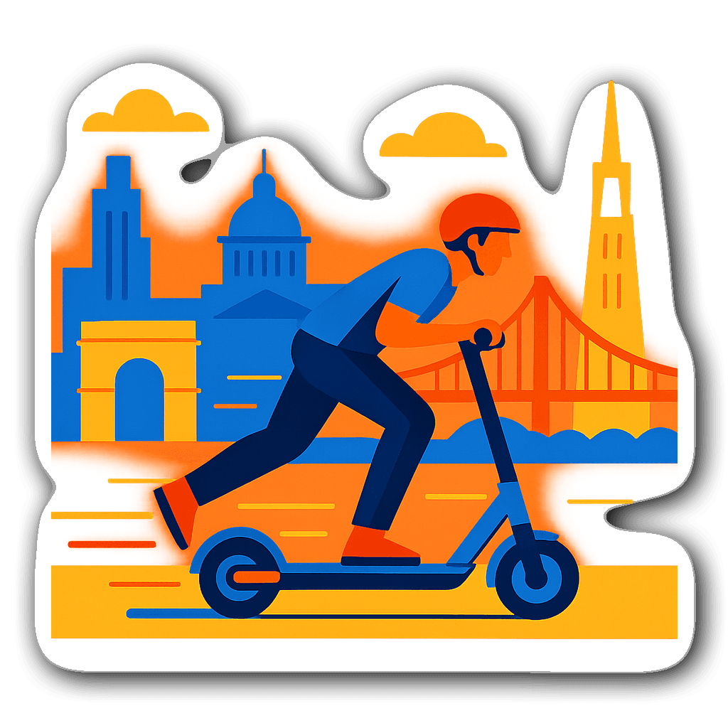 Electric scooter racing through a colorful cityscape
