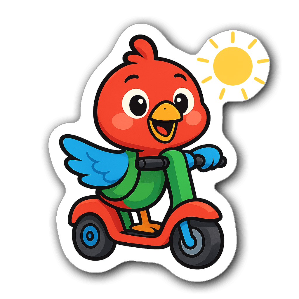 Bright cartoon bird character on an electric scooter