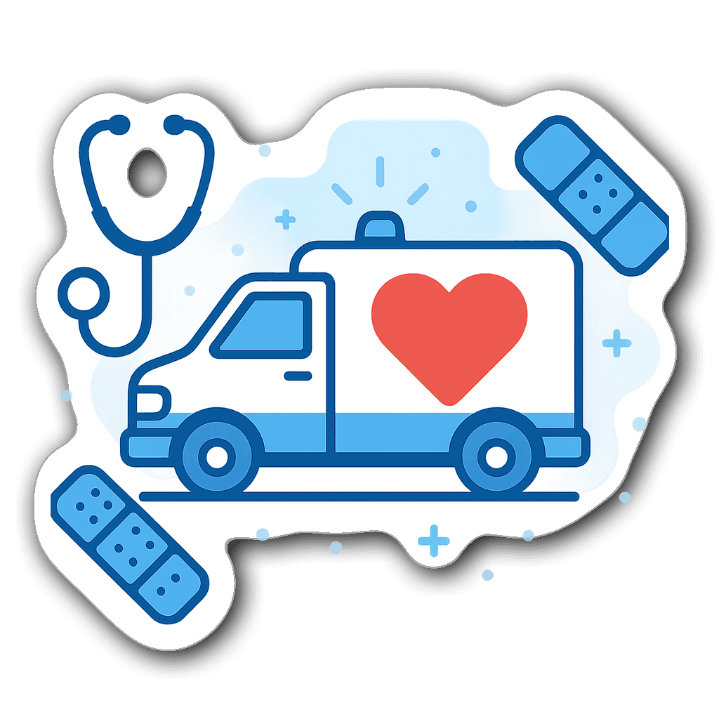 Vector sticker of an ambulance with a red heart and medical tools