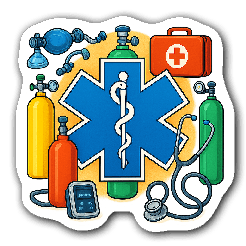 EMT symbol with blue star of life and medical equipment