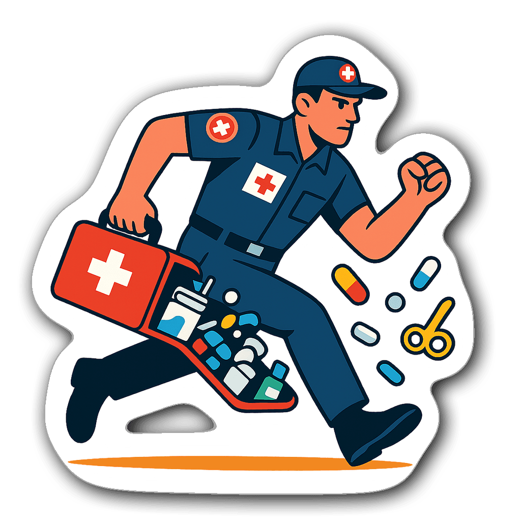 A heroic paramedic character carrying a first aid kit