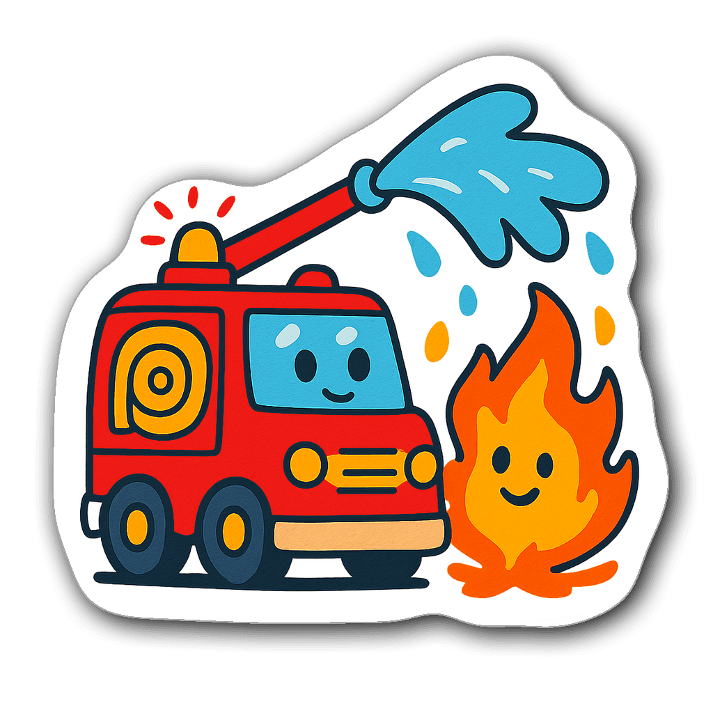 Playful fire truck spraying water on a cartoon fire illustration