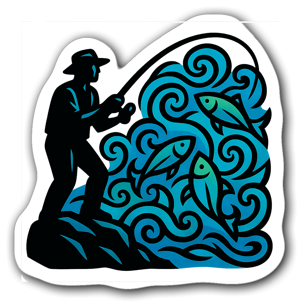 Stylized fisherman silhouette casting a line with fish