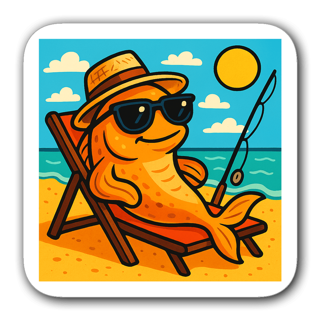 Cartoon fish with sunglasses and straw hat on beach chair