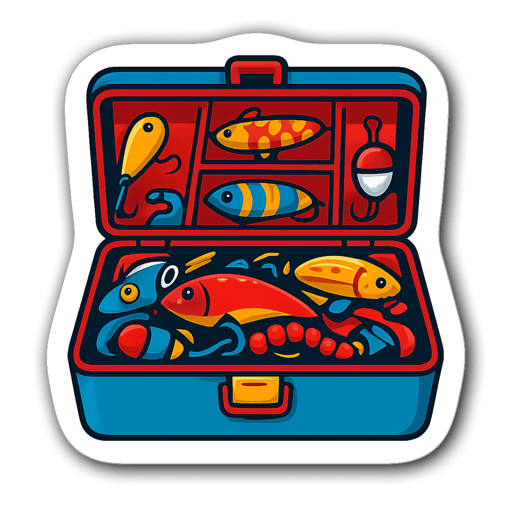 Colorful tackle box overflowing with lures and bait sticker