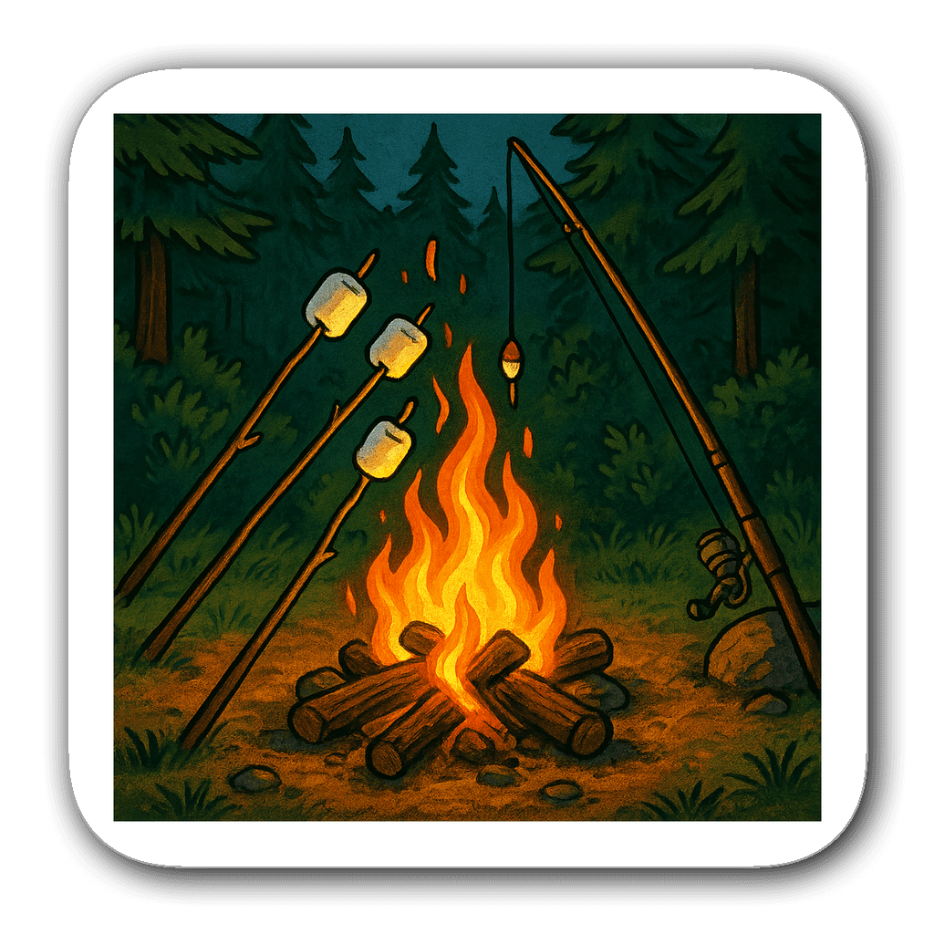 A cozy campfire scene with fishing rod and marshmallows above flames