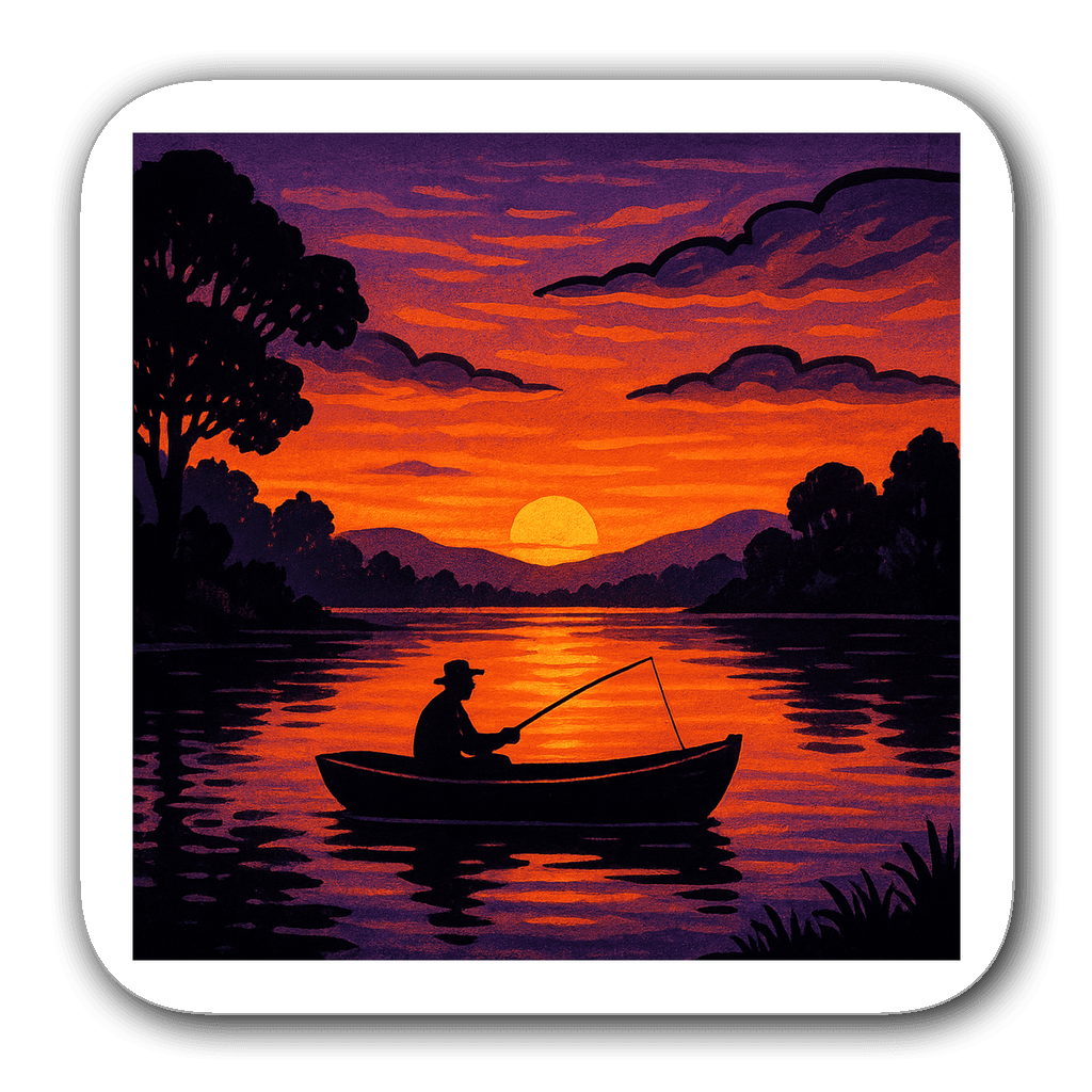 Serene lake scene at sunset with fisherman silhouette