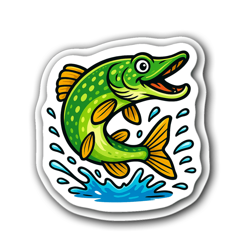 Cartoon pike leaping out of water with splashes