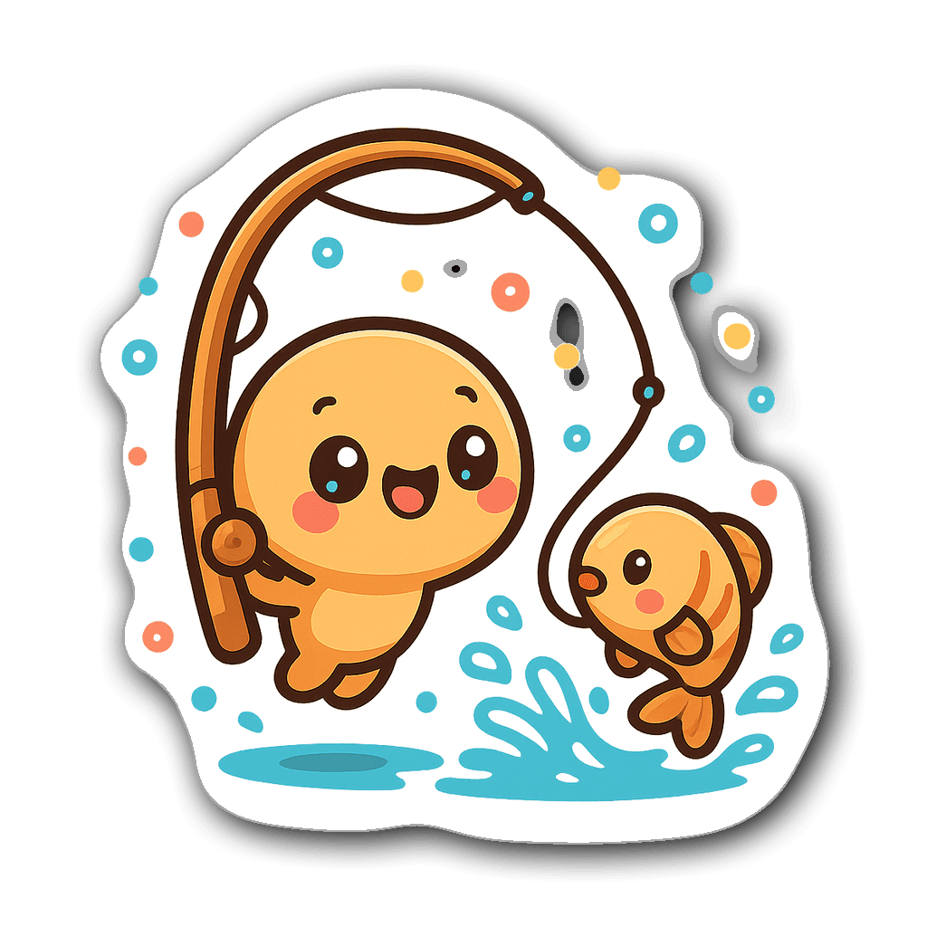 Kawaii chibi fishing rod character with joyful expressions