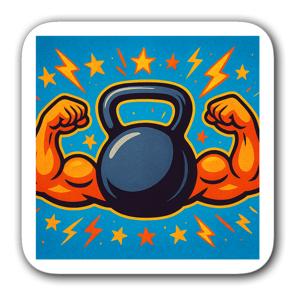 Vibrant kettlebell fitness sticker with cartoon muscles and stars