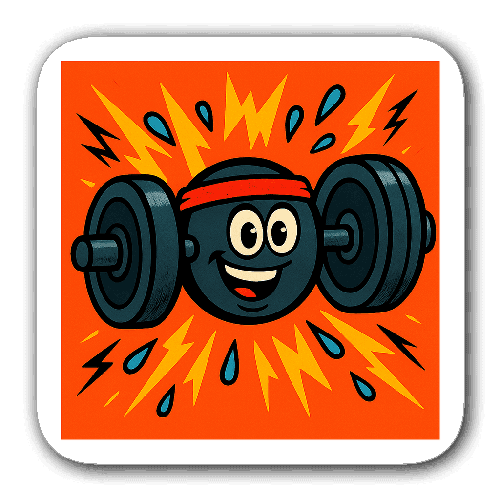 Cartoon barbell with eyes and smile, wearing a headband