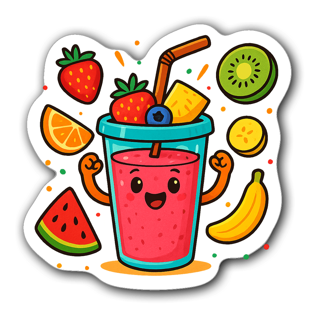 A vibrant smoothie cup sticker with colorful fruit and cartoon arms