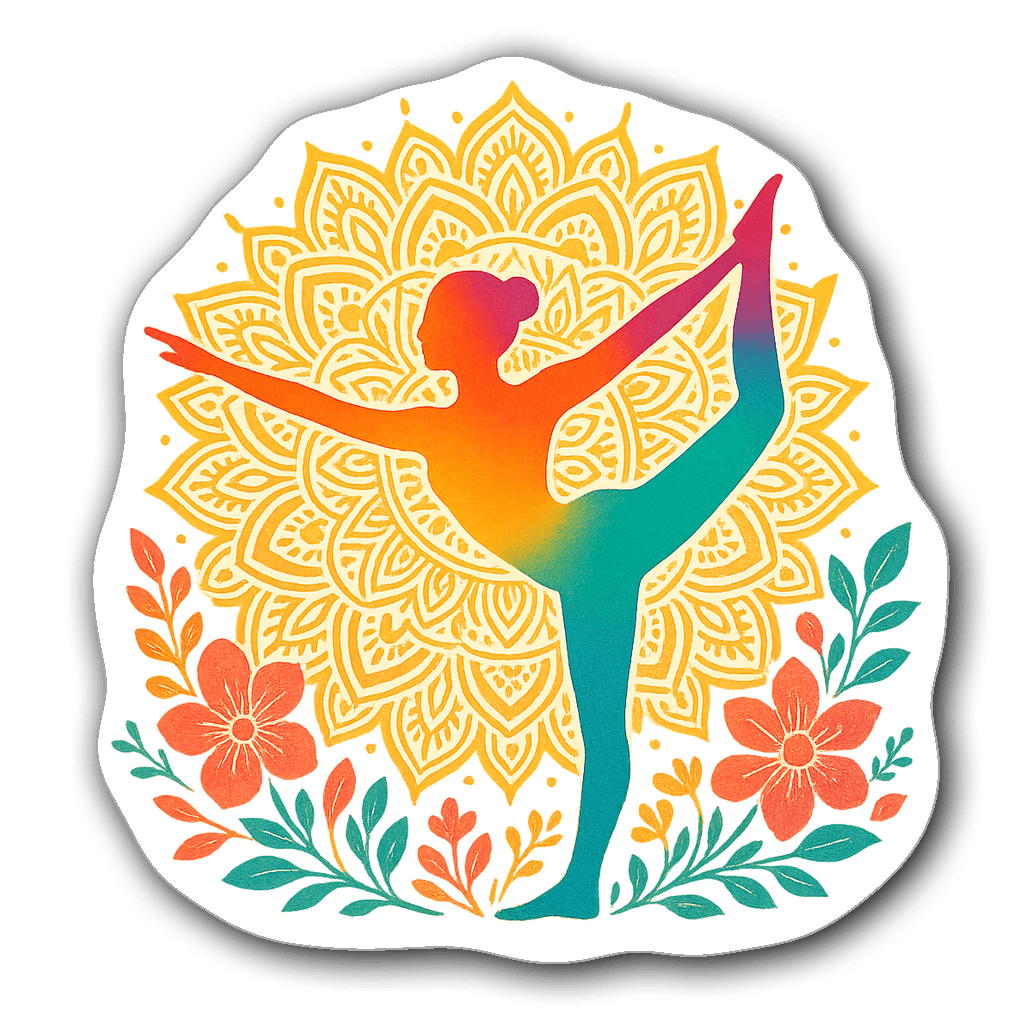 Dynamic yoga pose silhouette sticker with floral and mandala designs